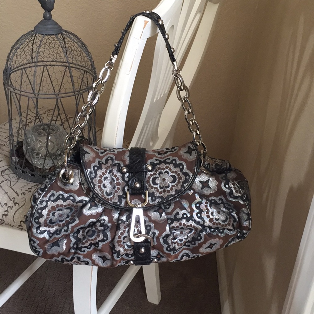 Rafe handbag. Fabric body/faux snakeskin trim.